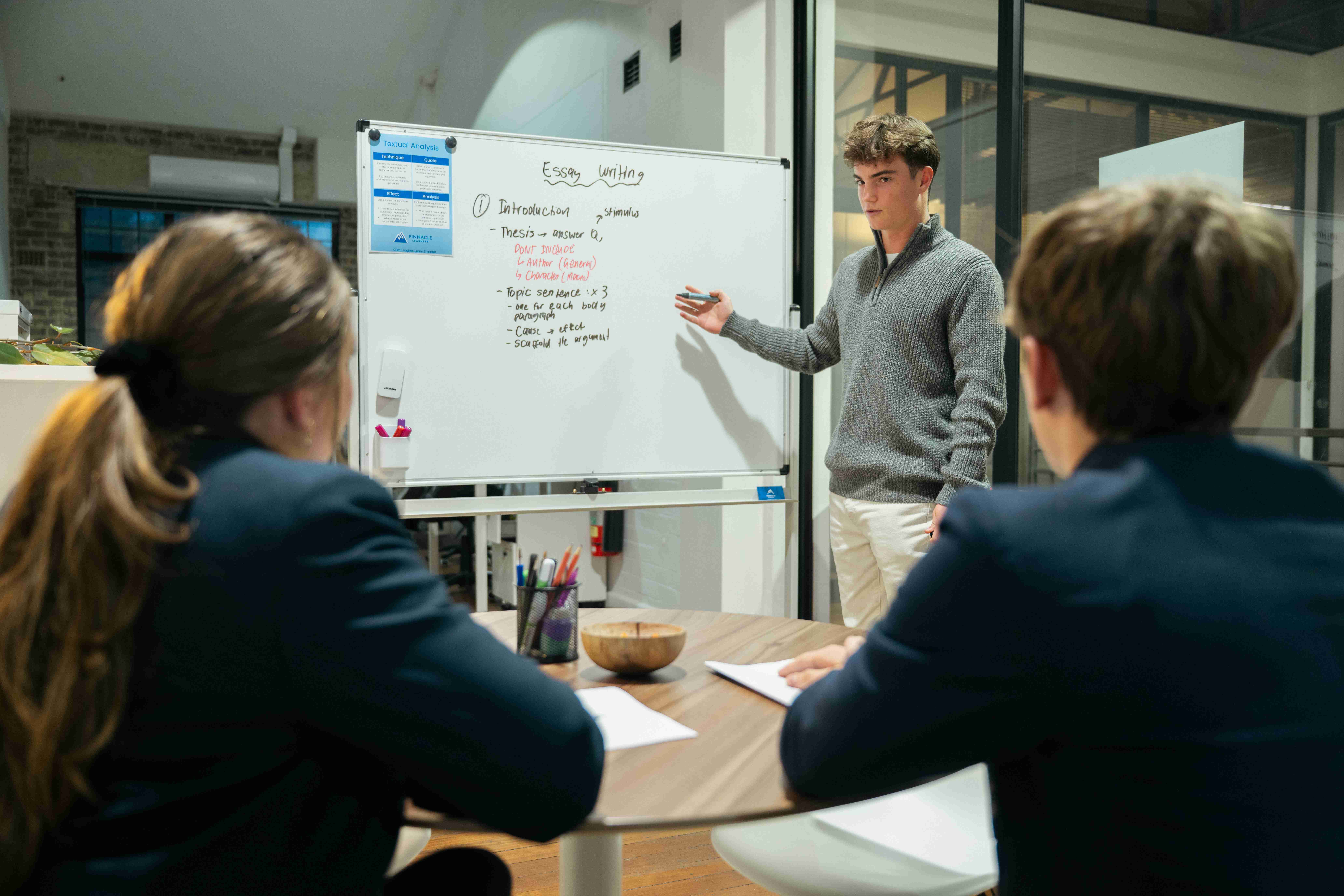 Tutor teaching essay writing on a whiteboard to two students in a Pinnacle Learners English lesson