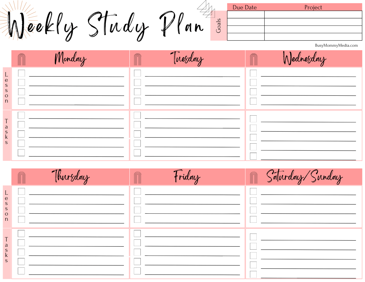 Sample weekly study plan