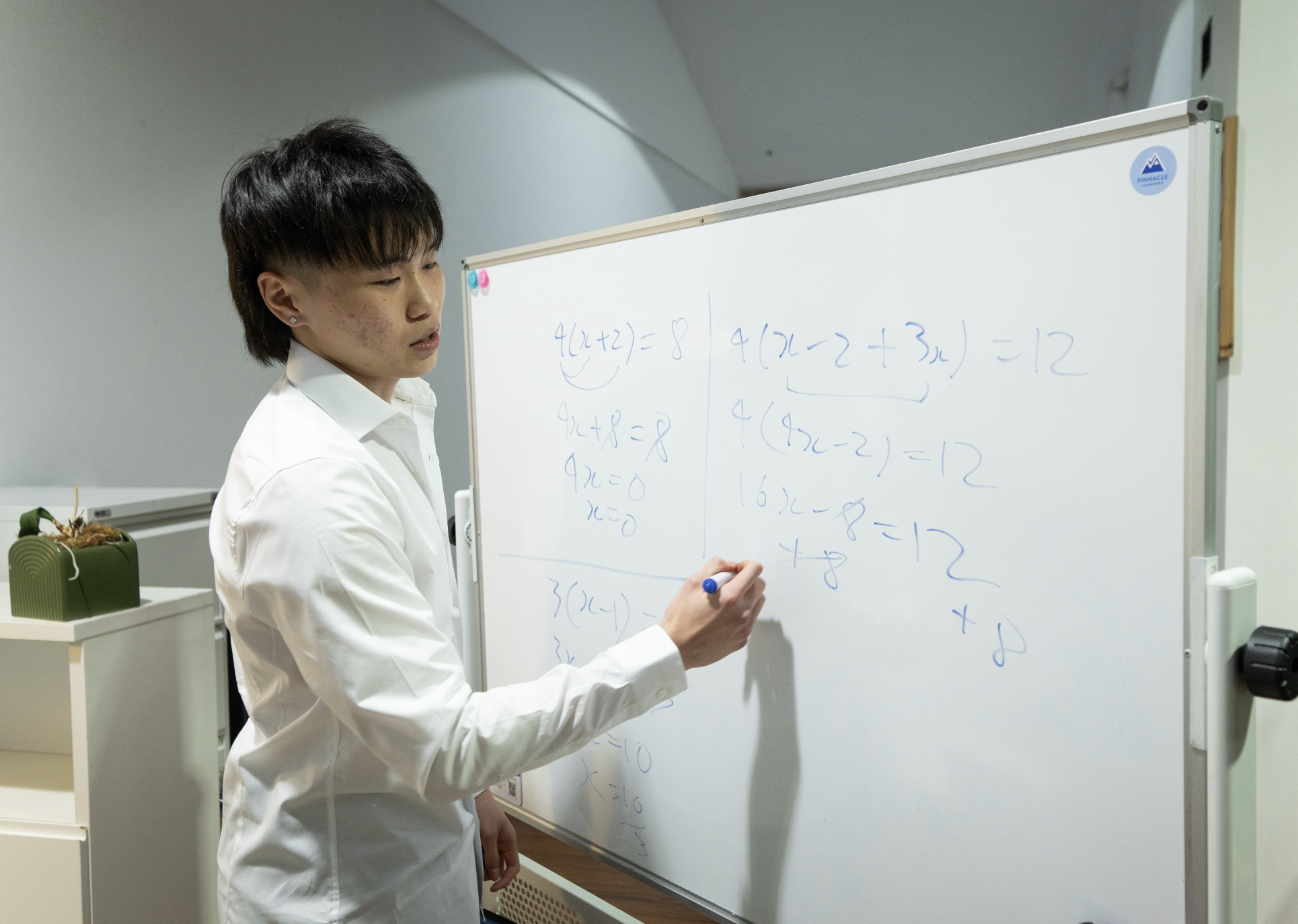 Maths tutor working through algebra on a whiteboard