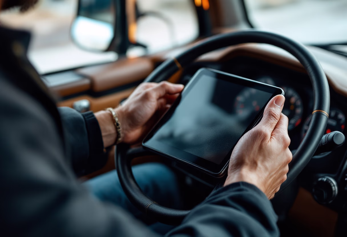 close-up image of a truck driver using a gps device