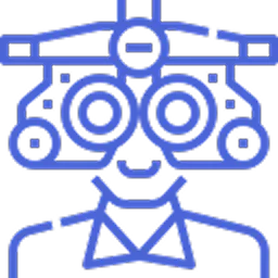 Line art of a person undergoing an eye examination with a phoropter device.