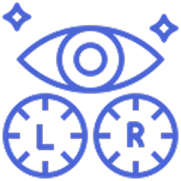 Icon of an eye above two clock-like dials labeled L and R for left and right contact lens measurements.