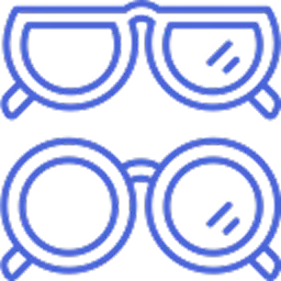 Blue outline icon of two pairs of designer eyewear with reflective lenses.