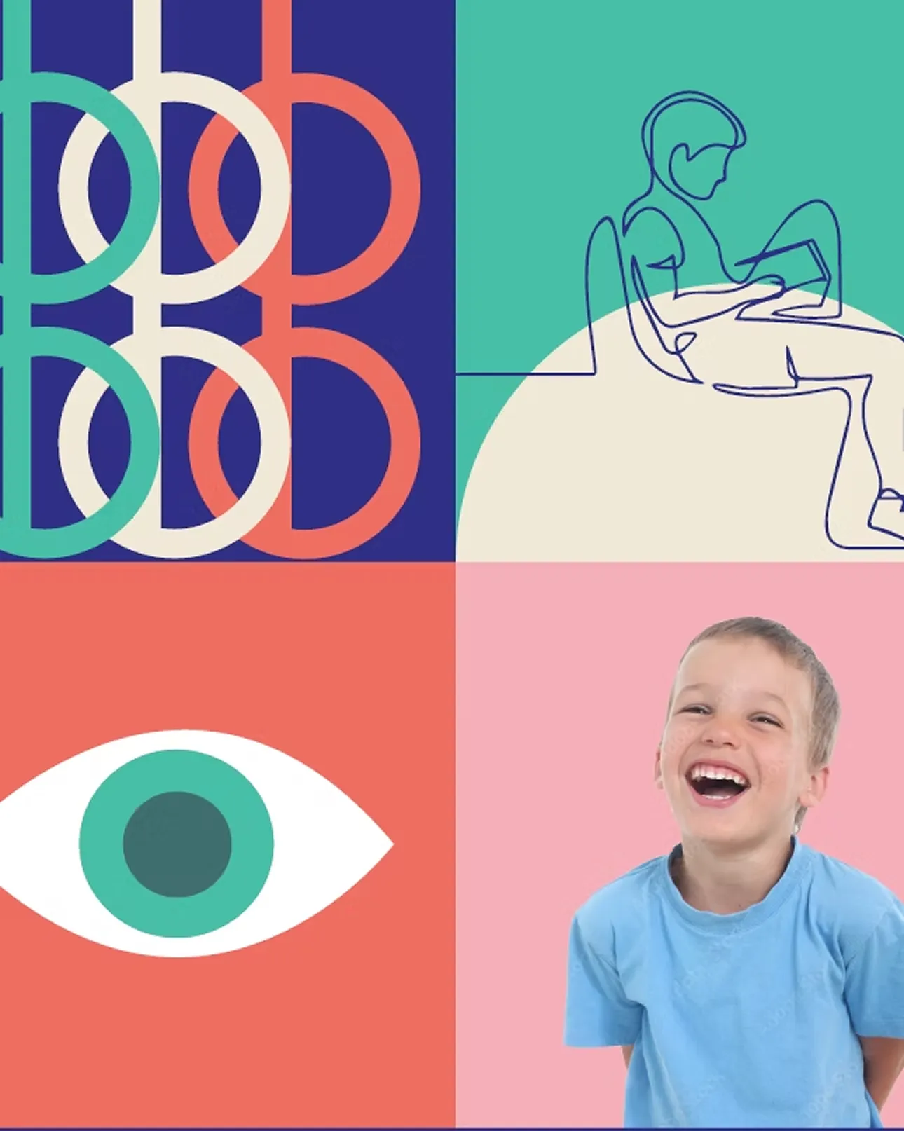 Colorful graphic divided into four sections showing stylized letter 'b's, a line drawing of a person reading, a simple eye illustration, and a smiling young boy in a blue shirt.
