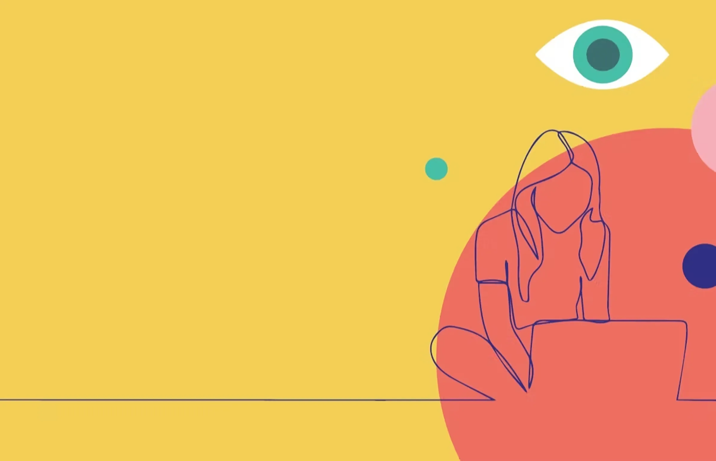 Minimalist line drawing of a woman sitting cross-legged using a laptop, surrounded by abstract colorful shapes including a large eye illustration.