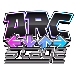 Colorful stylized text 'ARC stage' with neon pink, purple, and blue arrows pointing left, down, and right under 'ARC'.