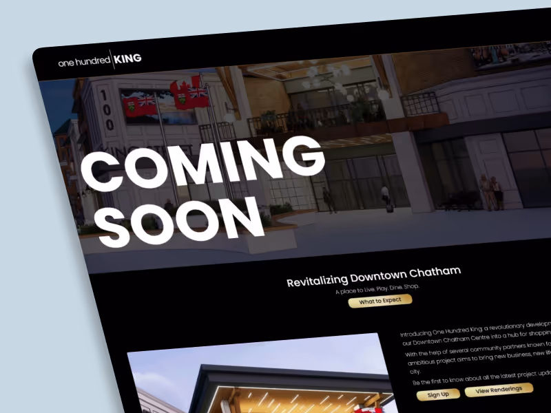 Website banner displaying a 'Coming Soon' announcement for One Hundred King, a downtown Chatham revitalization project.