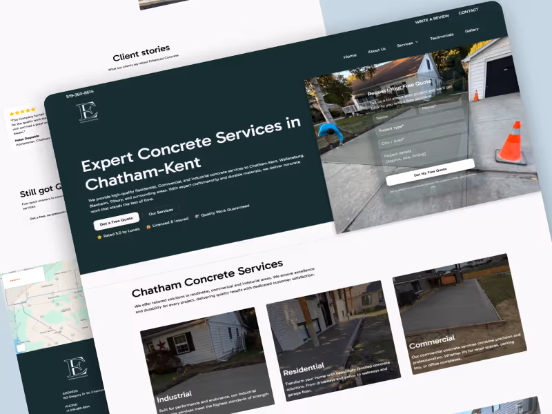 Website homepage for expert concrete services in Chatham-Kent featuring sections for industrial, residential, and commercial services and a free quote form overlay on a driveway photo.