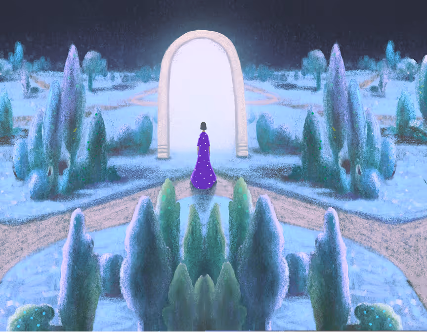 Person in a purple cloak standing in front of a large glowing archway in a stylized garden with tall, greenish-blue trees and winding paths at night.