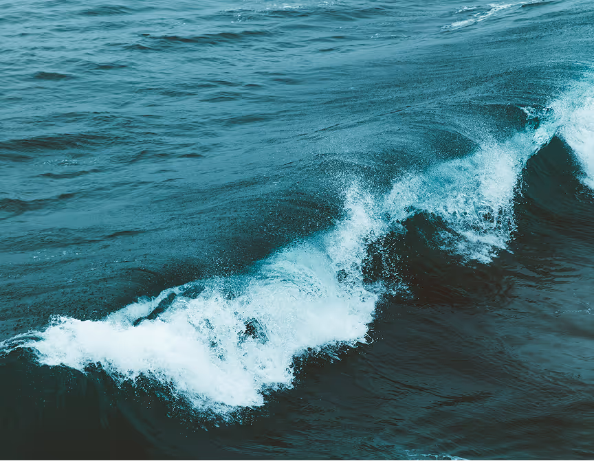 Ocean wave breaking with white foam on the surface of deep blue water.