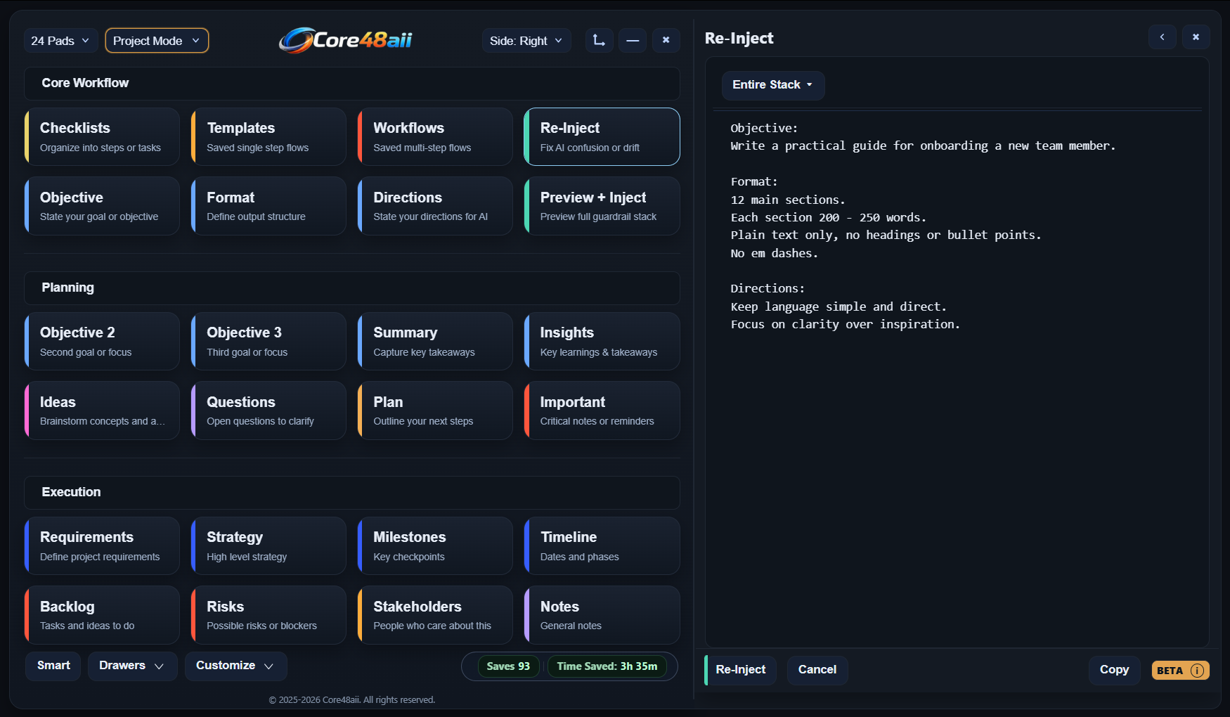 Core48aii Project Mode showing the Re-Inject drawer restoring a saved instruction stack.