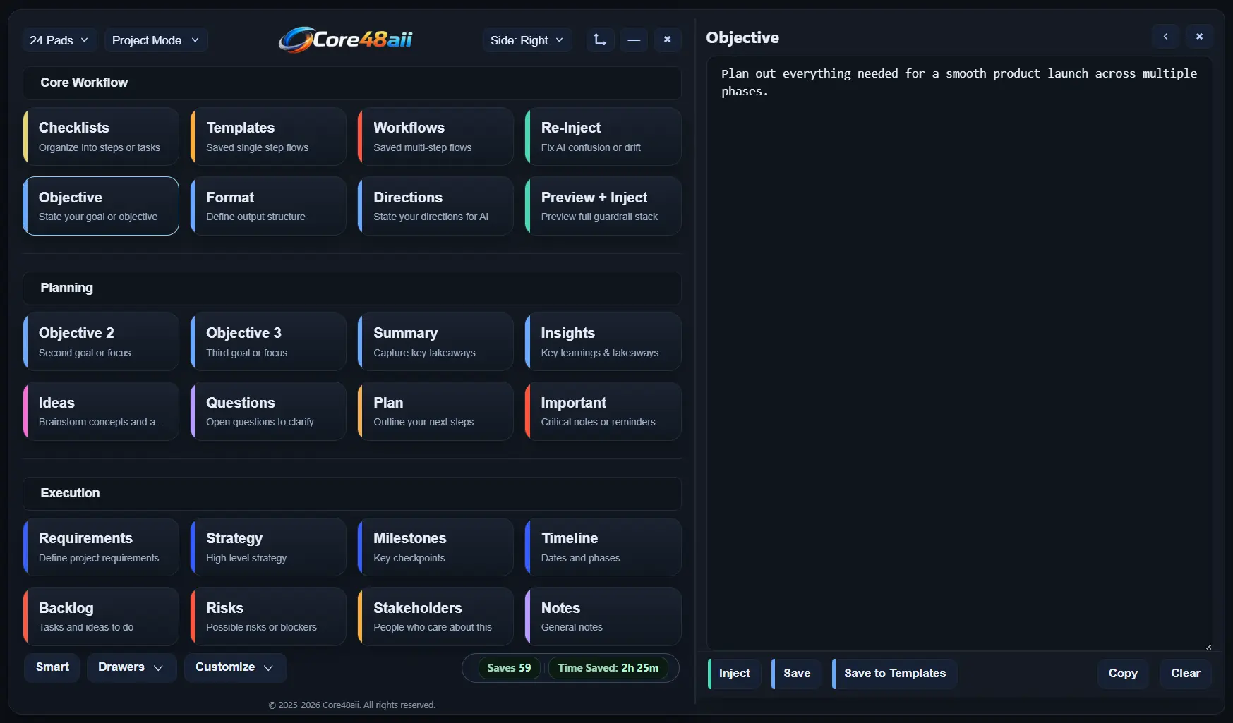 Core48aii Project Mode showing the 24-pad layout and the Objective drawer for defining goals.