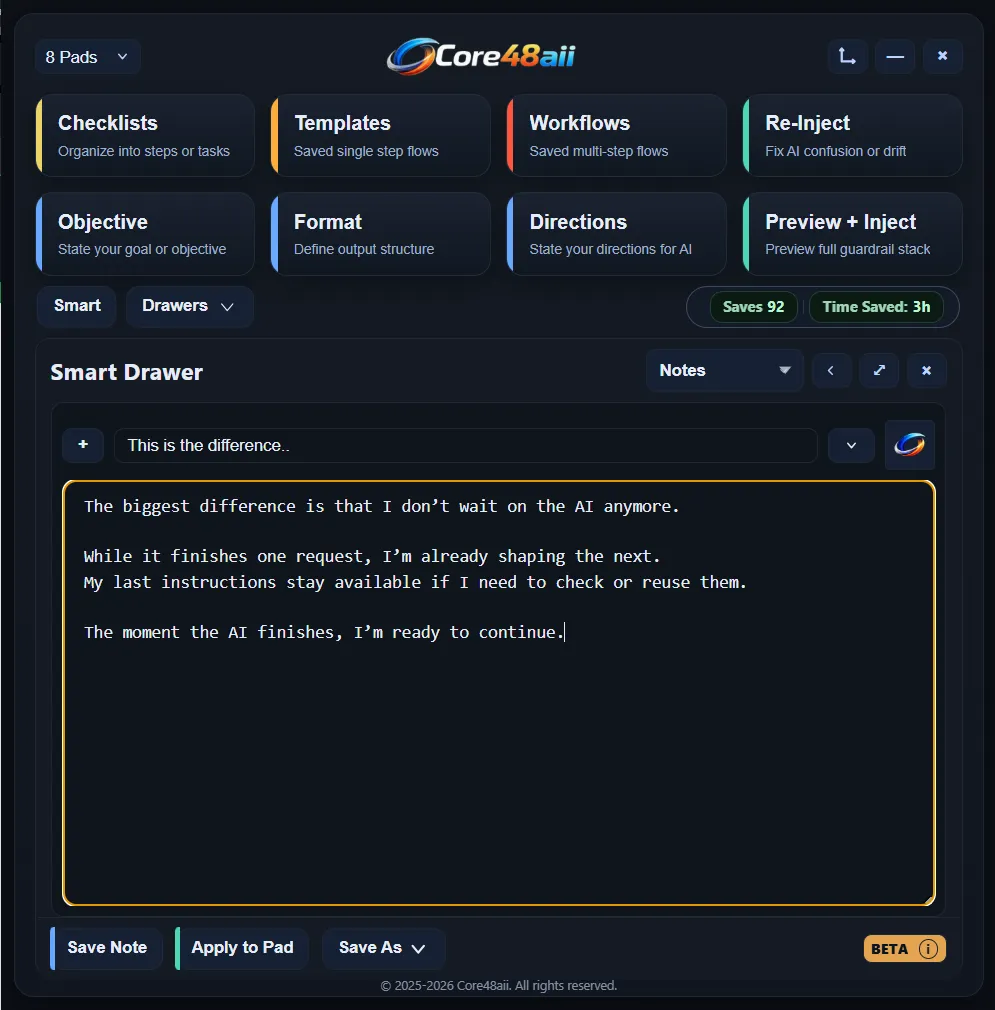 Core48aii 8-pad layout showing the Smart Drawer note editor with an open note
