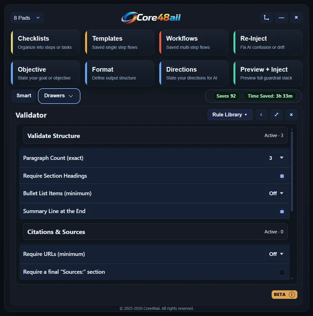 Core48aii 8-pad layout showing the Validator rule library with saved validation rules