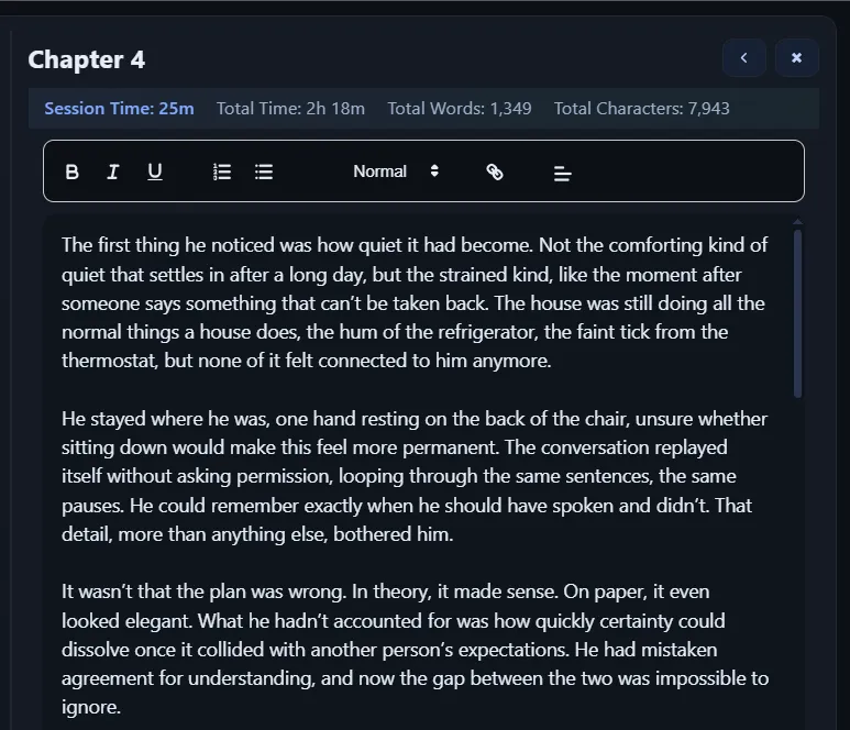 Core48aii writing pad showing word count and writing time metrics in the header.