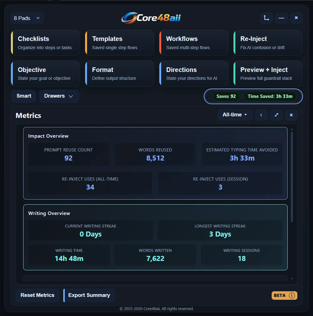 Core48aii 8-pad layout showing the Metrics drawer with impact and writing statistics
