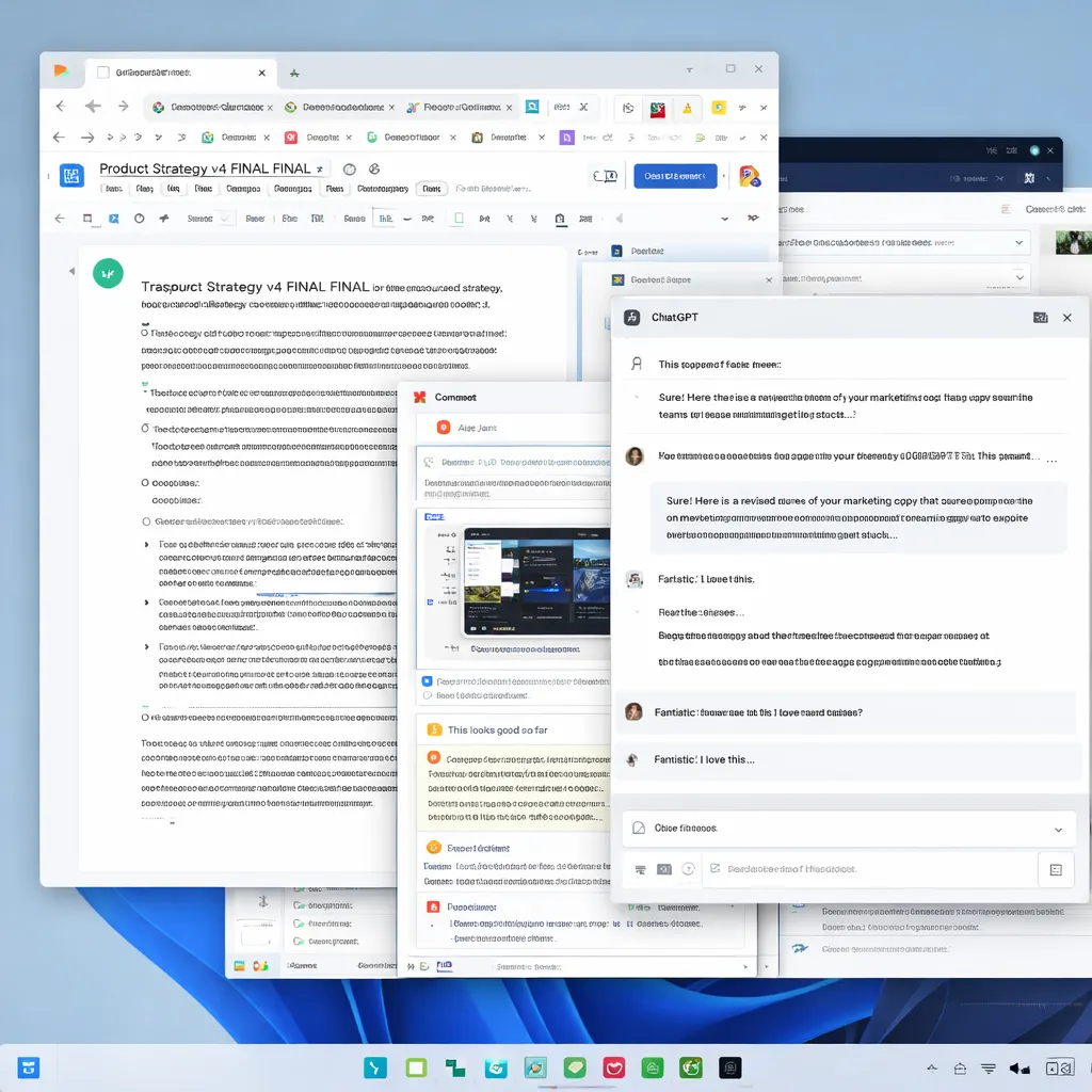 Desktop workspace chaos with chat, documents, and multiple tabs open at the same time