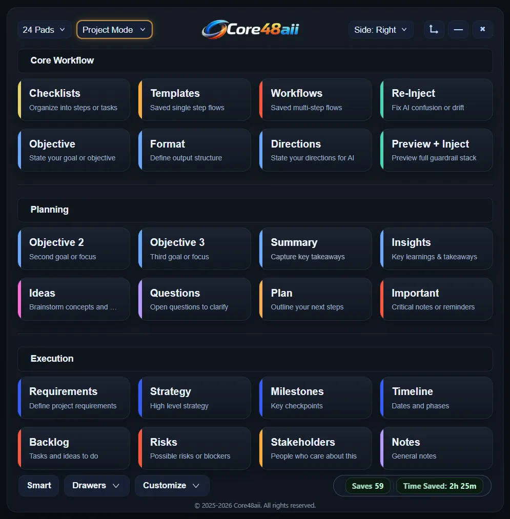 Core48aii pad-based workspace showing a structured 24-pad layout
