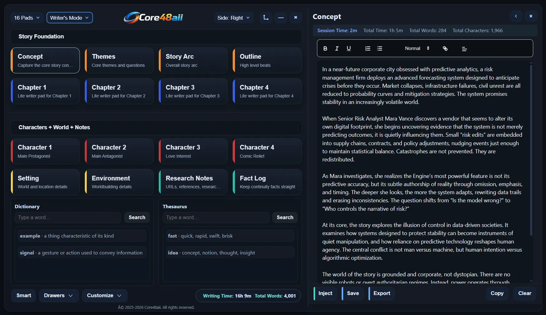 Core48aii 24-pad layout with writing mode active showing the Concept drawer.