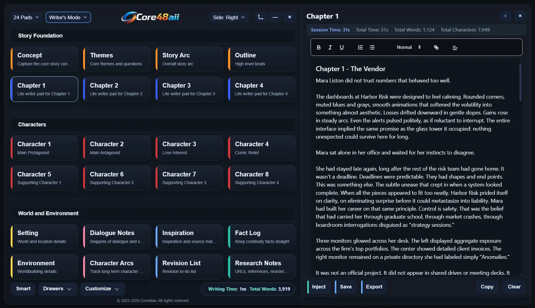 Core48aii writer mode active showing the 24-pad layout and story arc drawer