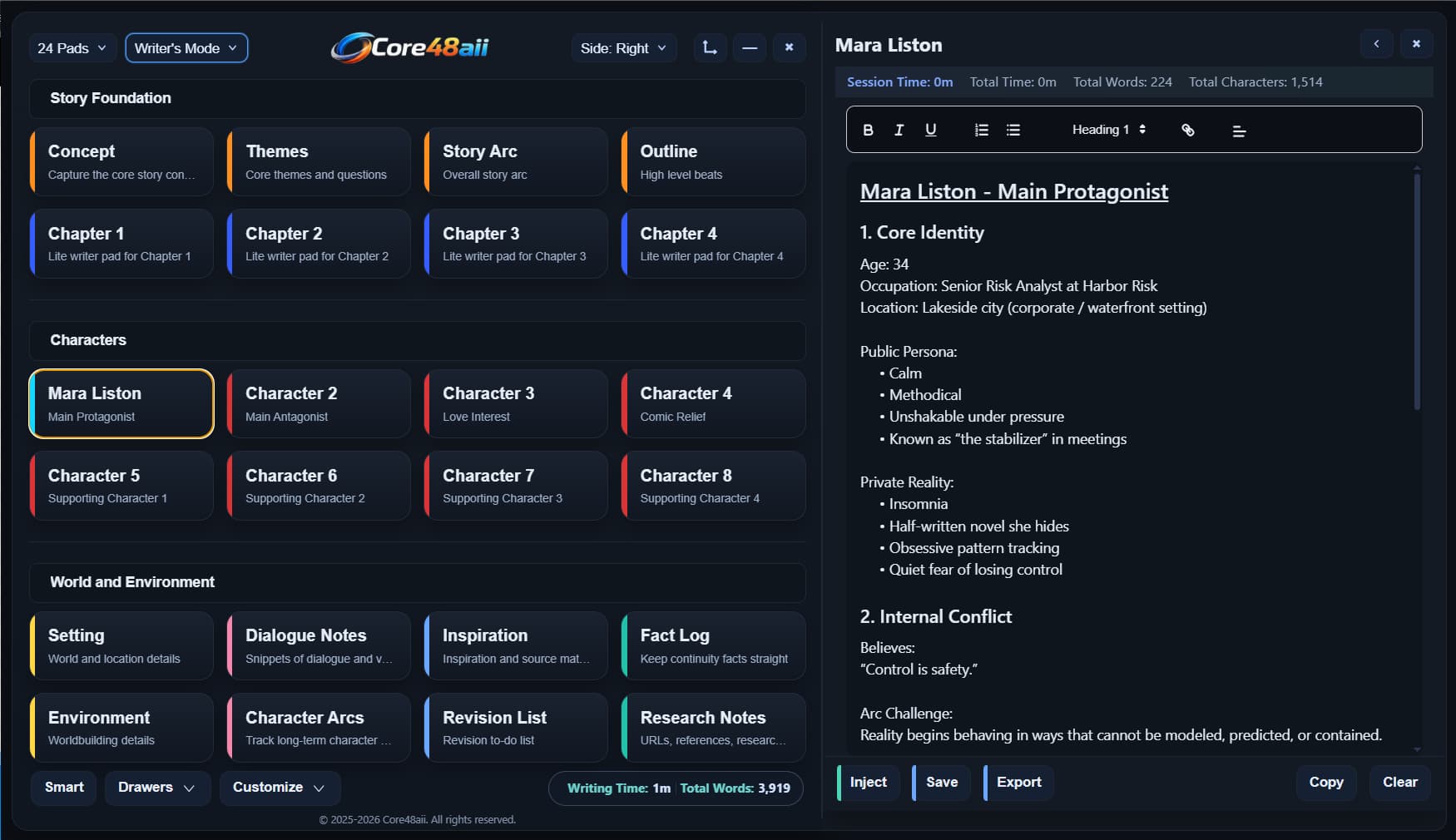 Core48aii 16-pad layout showing dictionary and thesaurus