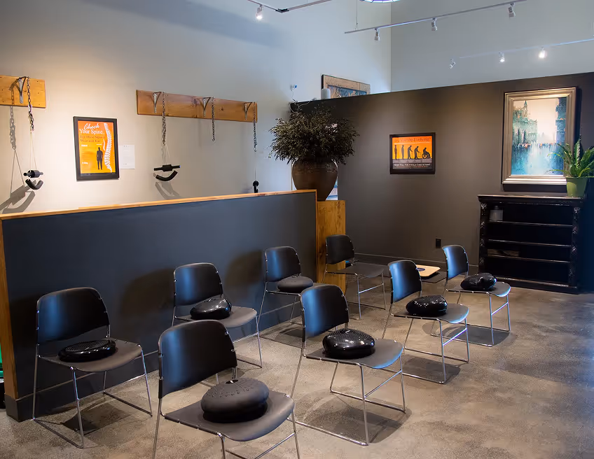 Comfortable patient waiting room at Thrive Wellness Center chiropractic clinic