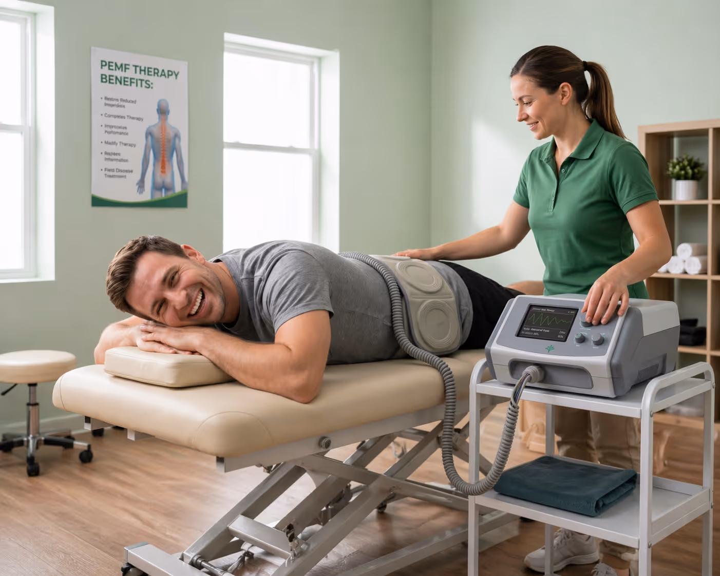 PEMF therapy session with patient lying face-down on treatment table while chiropractor applies electromagnetic therapy device to lower back