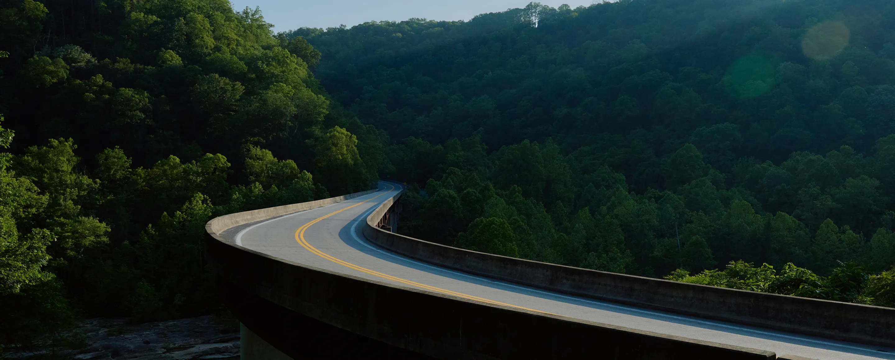 Curved elevated road passing through dense green forested hills under a clear sky.