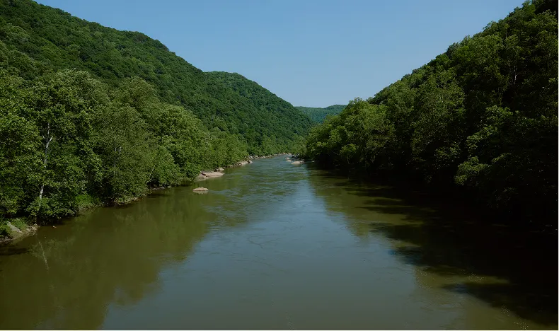 A calm river flowing between densely forested green hills under a clear blue sky.