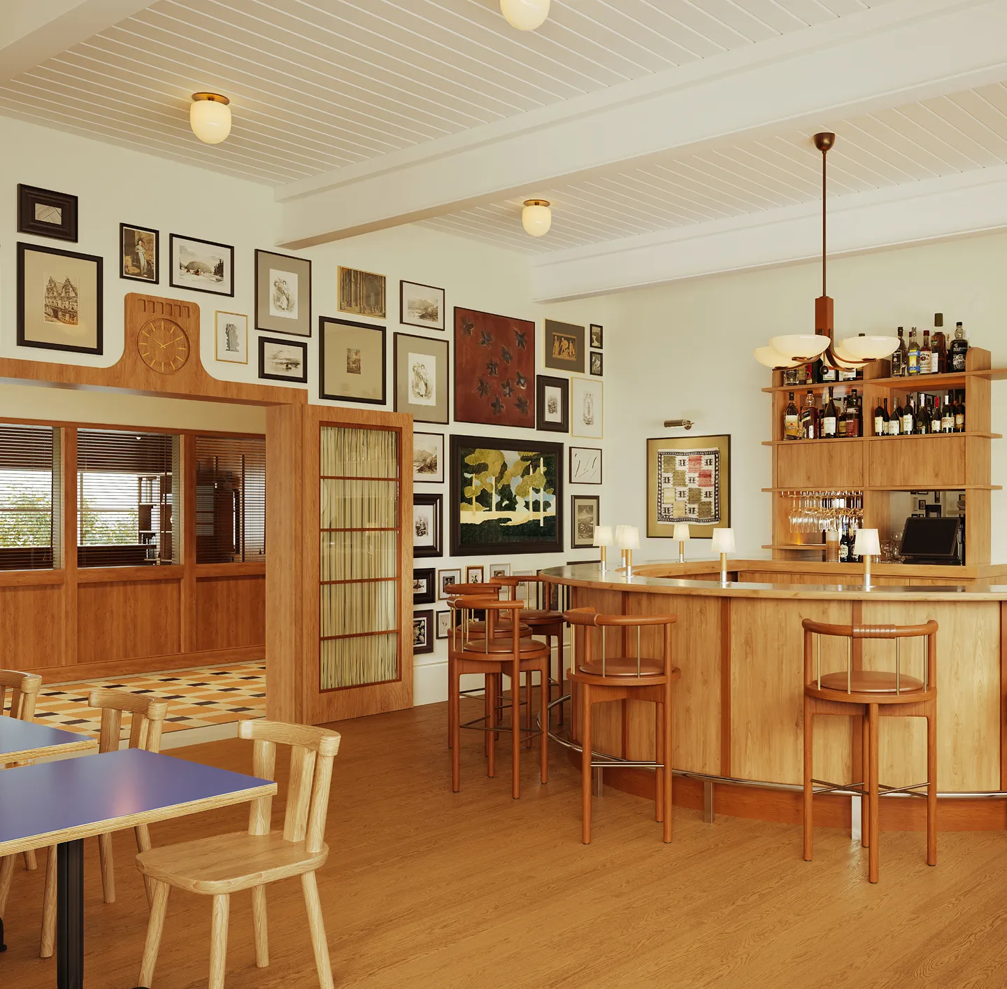 Image shows a rendering of the interior of Patsy's restaurant, with a rounded bar, bar chairs, and artwork adorning the walls. There is a clock above the doorway and two tables in the near frame. 