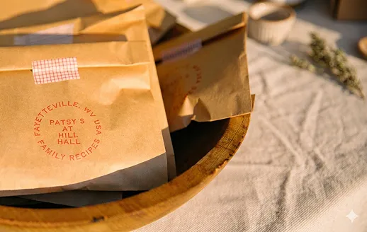 Brown paper bags with red circular stamps reading 'Patsy’s at hill hall, Fayetteville, WY USA, family recipes' in a wooden bowl on a beige cloth.