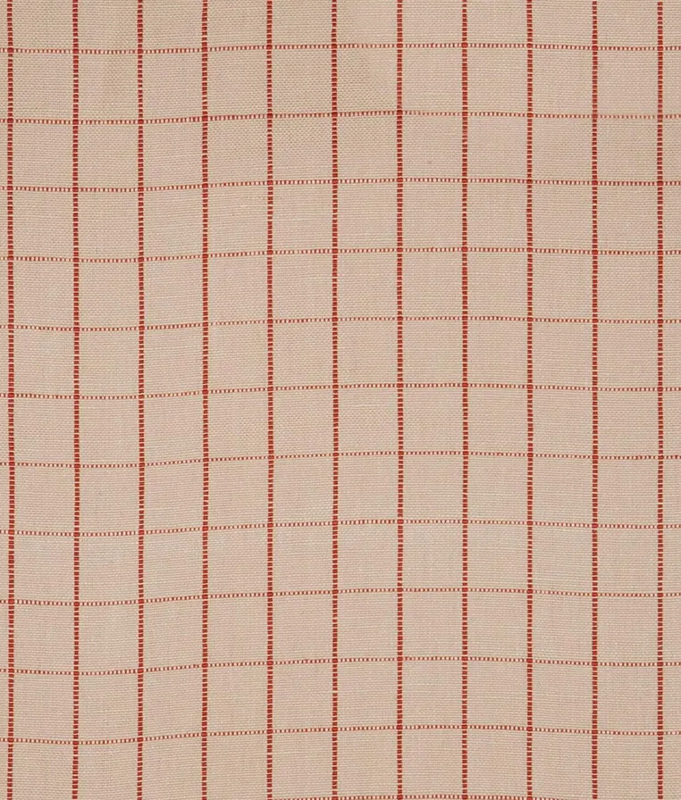Beige fabric with evenly spaced vertical and horizontal thin red lines forming a grid pattern.