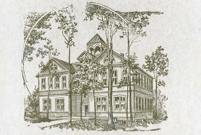 Black and white sketch of a two-story wooden house surrounded by tall trees with a central tower-like structure.