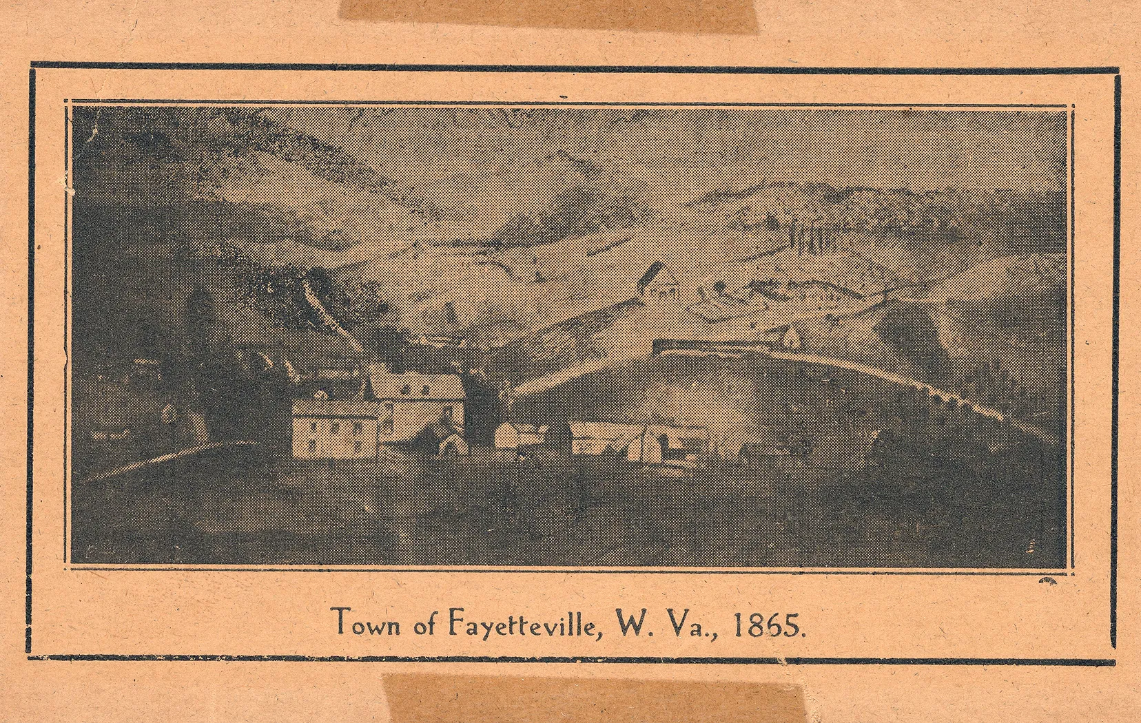 Sepia-toned historical illustration of Fayetteville, West Virginia, circa 1865, showing buildings and surrounding landscape.