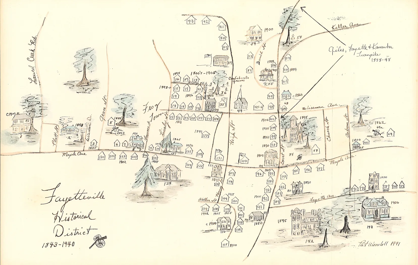 Hand-drawn map of Fayetteville Historical District showing streets, house numbers, years from 1843 to 1940, landmarks, and trees.