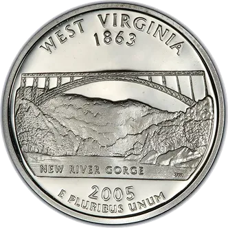West Virginia quarter featuring the New River Gorge Bridge over a river canyon with the inscriptions West Virginia 1863, New River Gorge, 2005, and E Pluribus Unum.