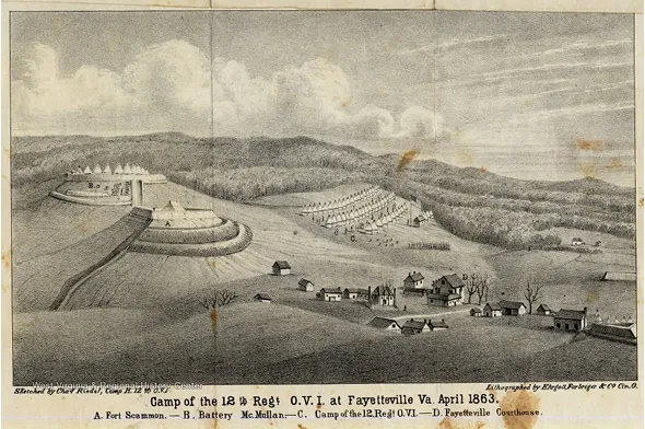 Historical sketch of the Camp of the 12th Regiment Ohio Volunteer Infantry at Fayetteville, Virginia, in April 1863, showing Fort Seaman, Battery McMullan, the encampment, and Fayetteville Courthouse in a rural landscape.