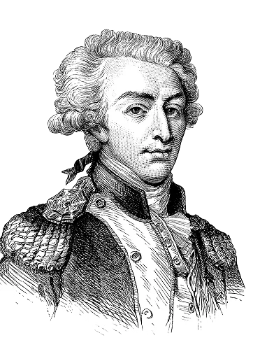 Black and white historical engraving of a man in 18th-century military uniform with epaulets and curled hair.