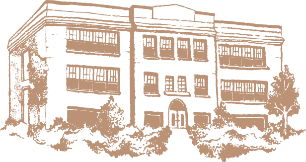 Outline sketch of a multi-story building with bushes and a parked car in front.