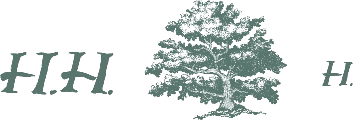 Gray silhouette of a large leafy tree with a wide trunk centered on a white background.