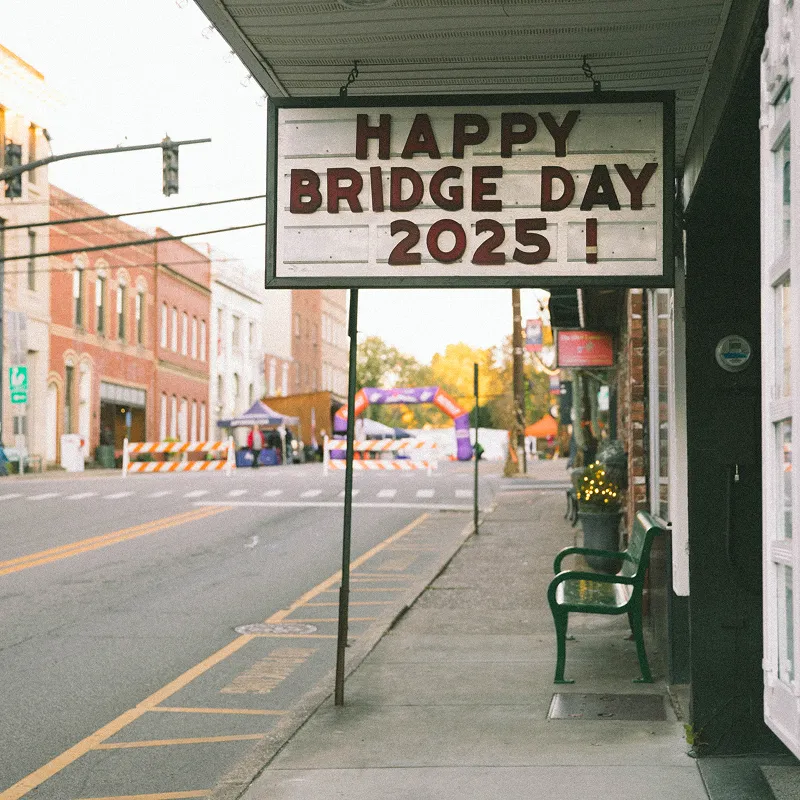 Street view with a sign reading 'HAPPY BRIDGE DAY 2025!' hanging above a sidewalk with a green bench and decorated planter.