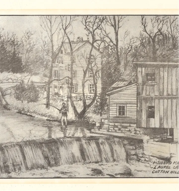 Black and white sketch of a riverside scene with a small waterfall, a person fishing, and wooden buildings among leafless trees.