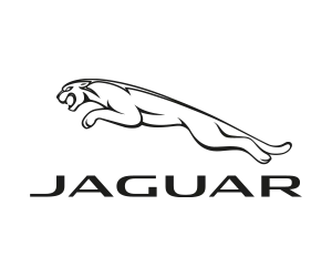 Black silhouette of a jaguar leaping forward.