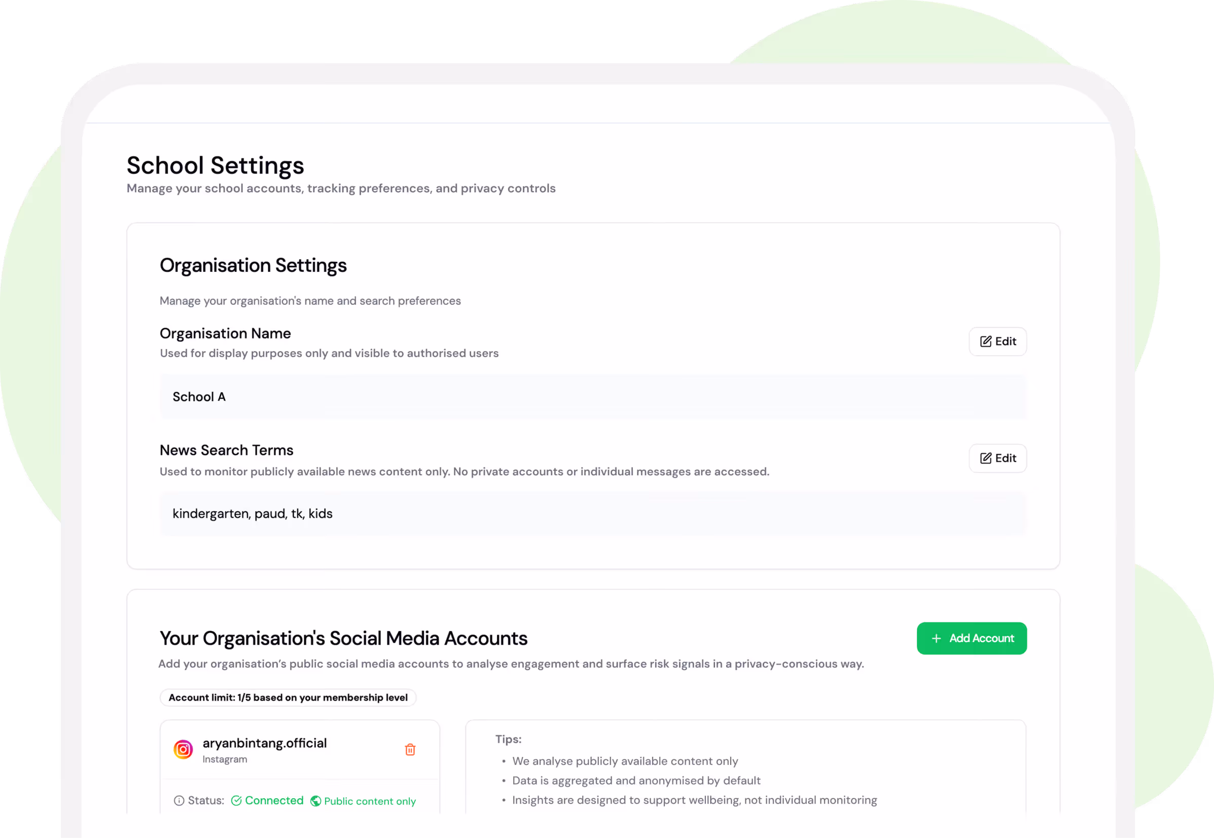 School Settings page showing organisation name 'School A' and news search terms including kindergarten and kids, plus social media account section with Instagram account 'aryanbintang.official' connected for public content analysis.
