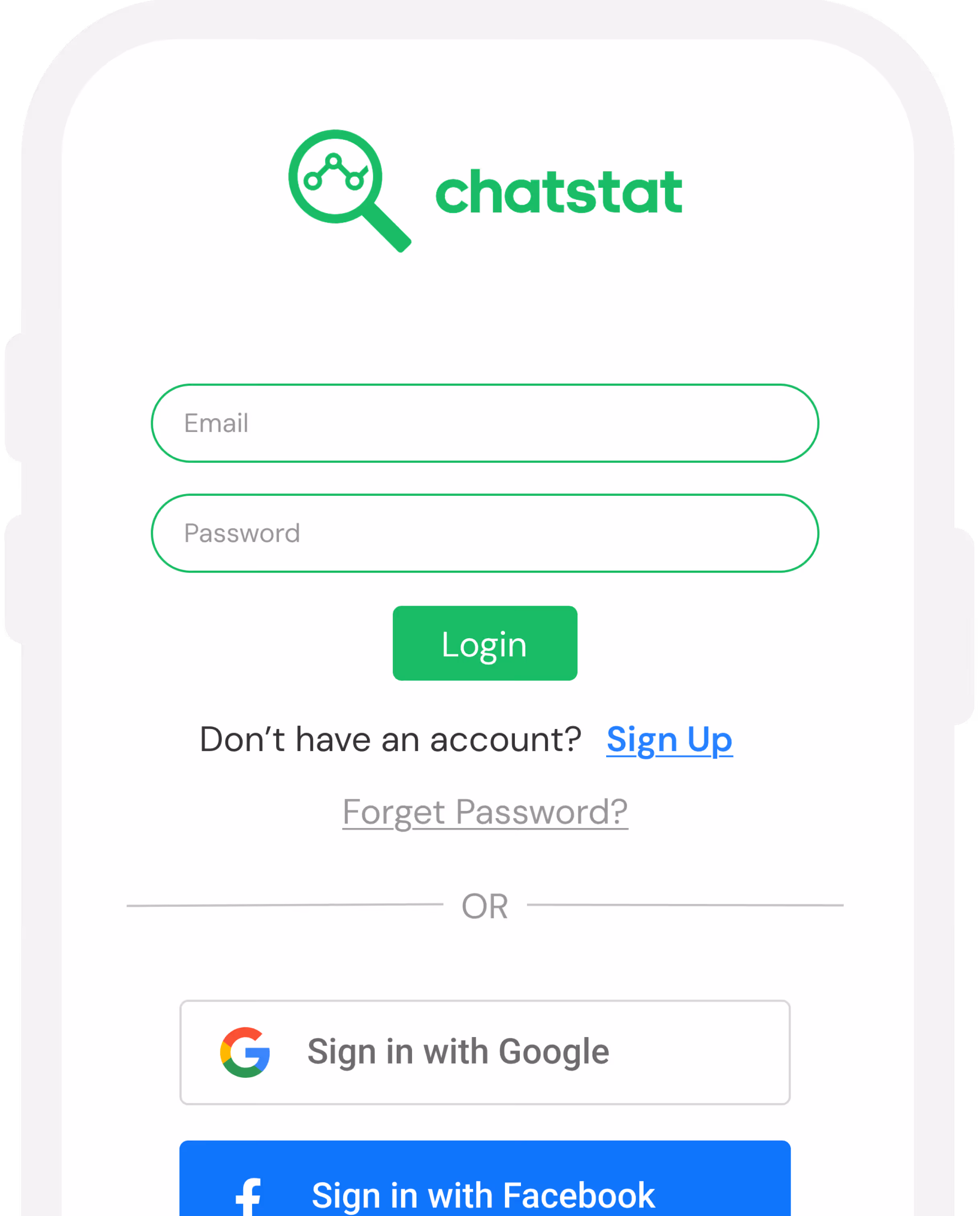 Chatstat login screen with fields for email and password, login button, sign up and forget password links, and options to sign in with Google or Facebook.