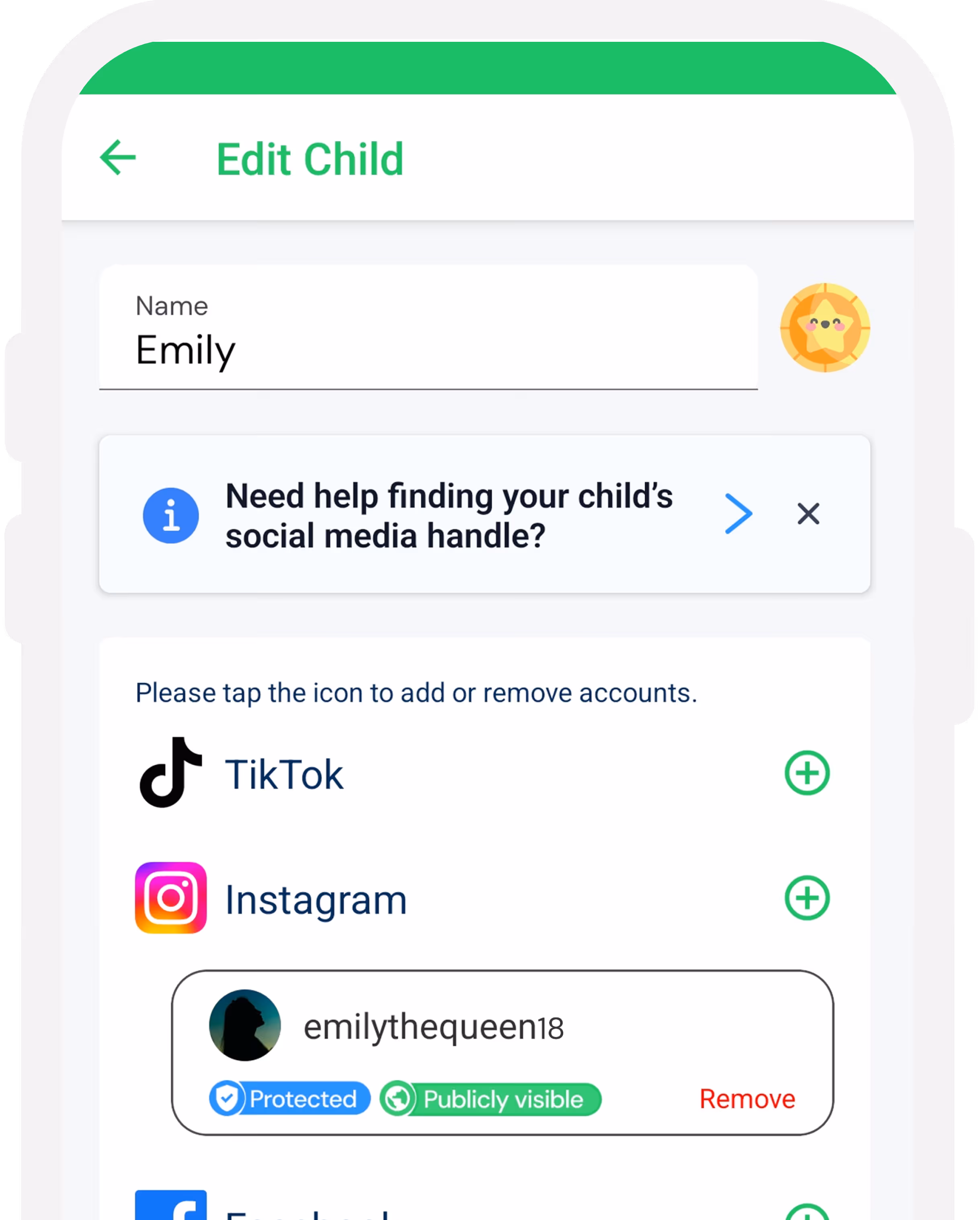 Mobile app screen editing child profile named Emily, showing social media accounts with options to add TikTok and Instagram, and an Instagram handle emilythequeen18 marked protected and publicly visible with a remove option.