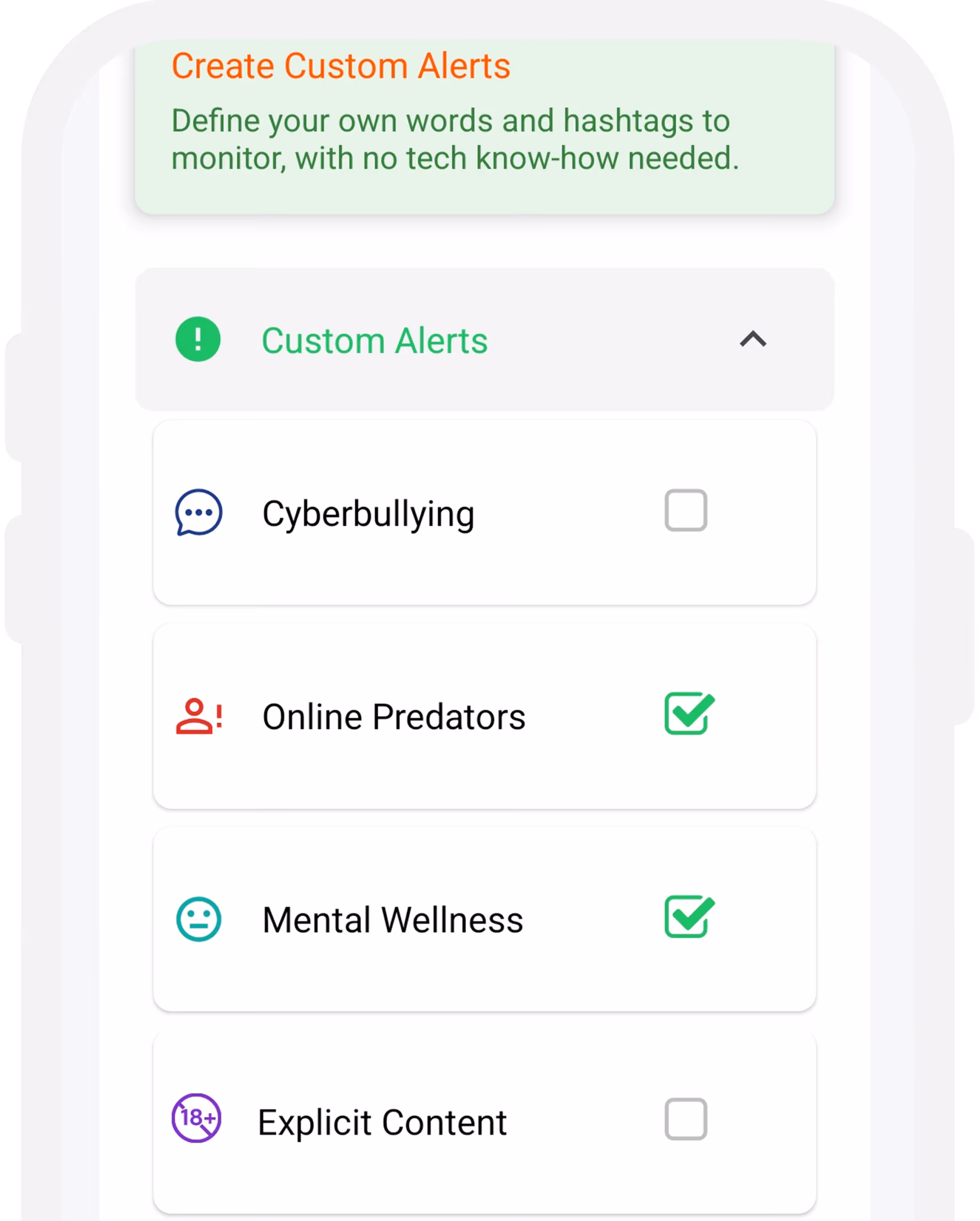 Mobile app interface showing custom alert settings with options for Cyberbullying, Online Predators, Mental Wellness, and Explicit Content; Online Predators and Mental Wellness are selected.