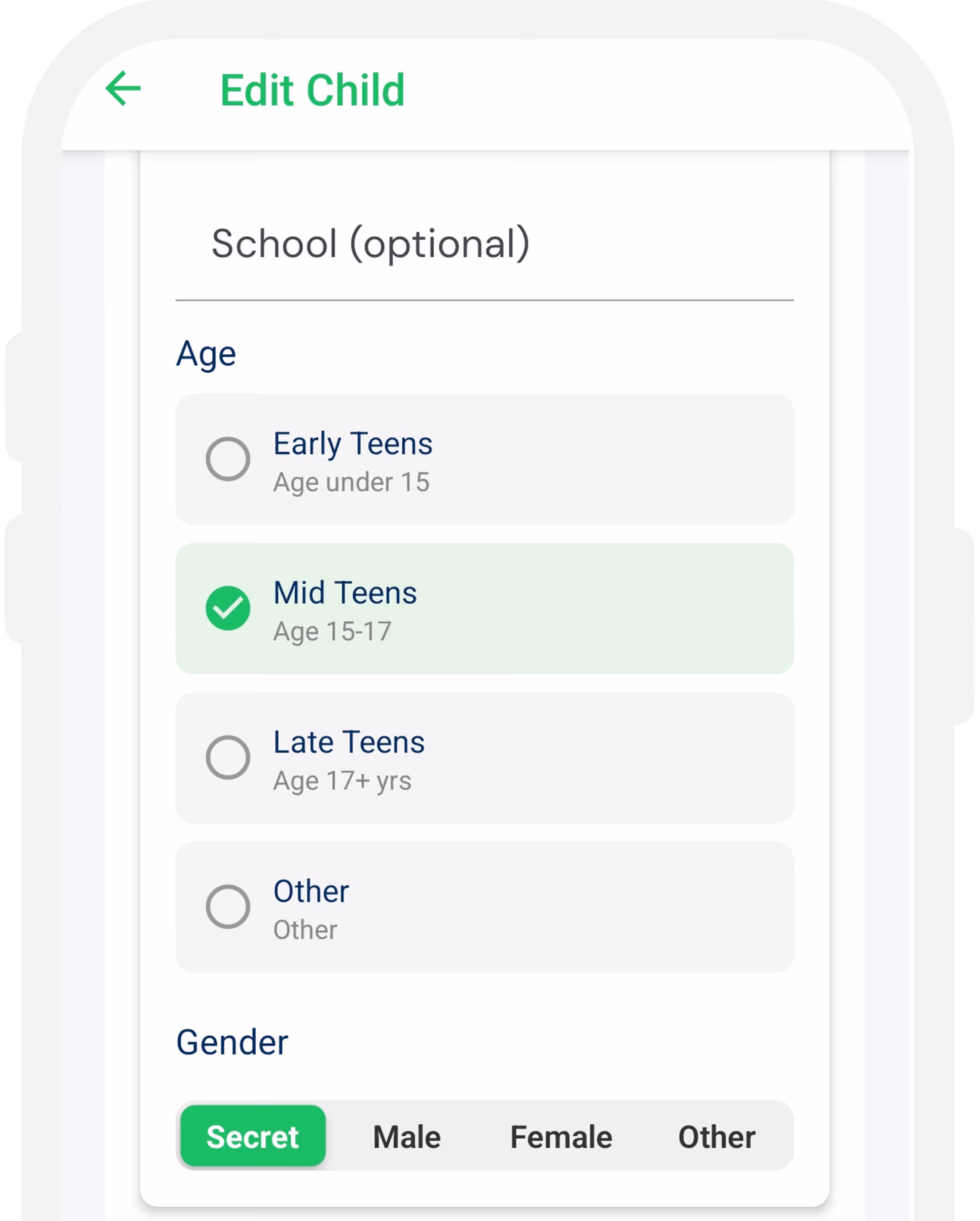 Edit Child form on mobile screen showing age options with Mid Teens (age 15-17) selected and gender options with Secret selected.