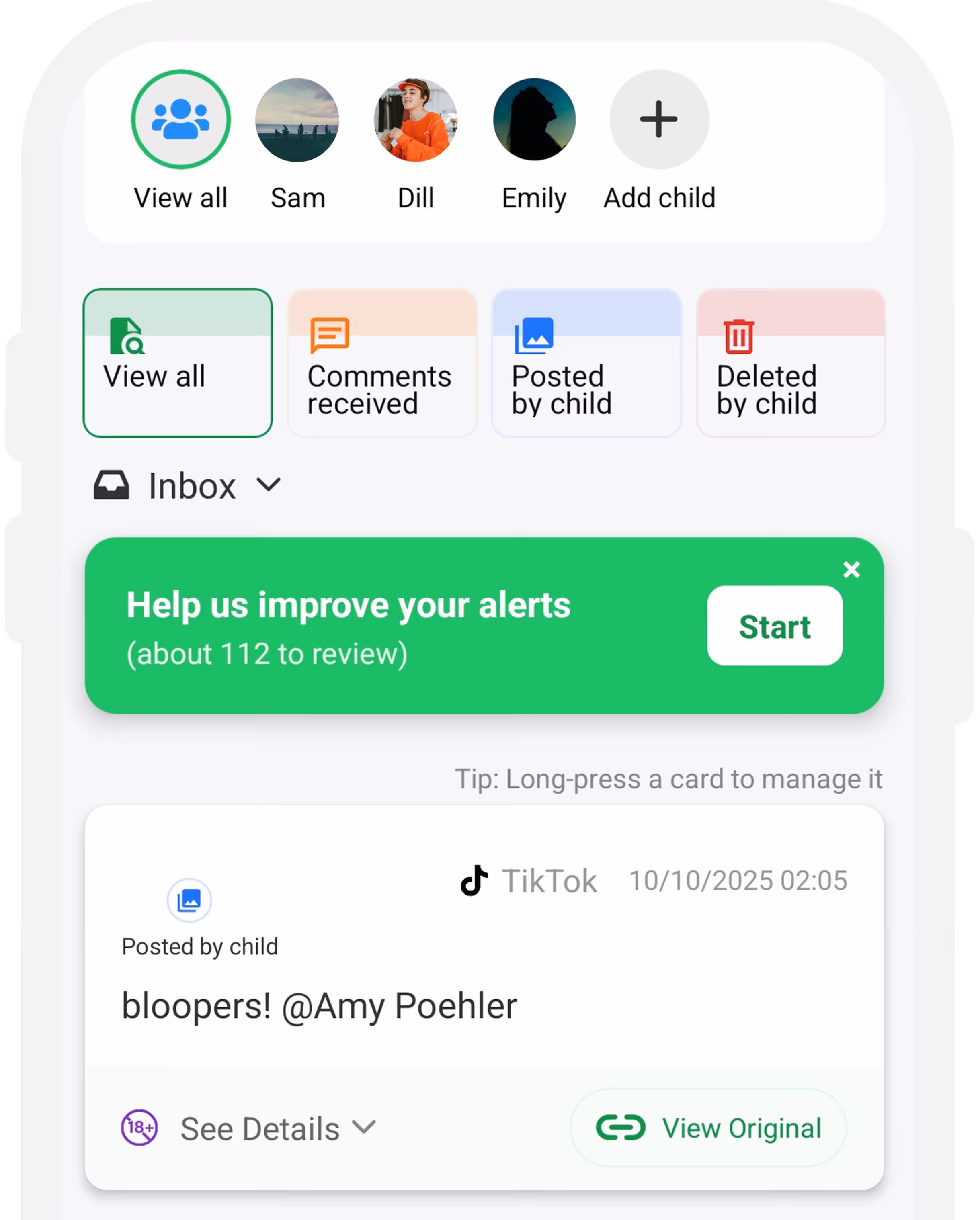 Mobile app interface showing user tabs with profiles for Sam, Dill, Emily, and option to add child, and a notification card about a TikTok post by child mentioning Amy Poehler with options to see details and view original.