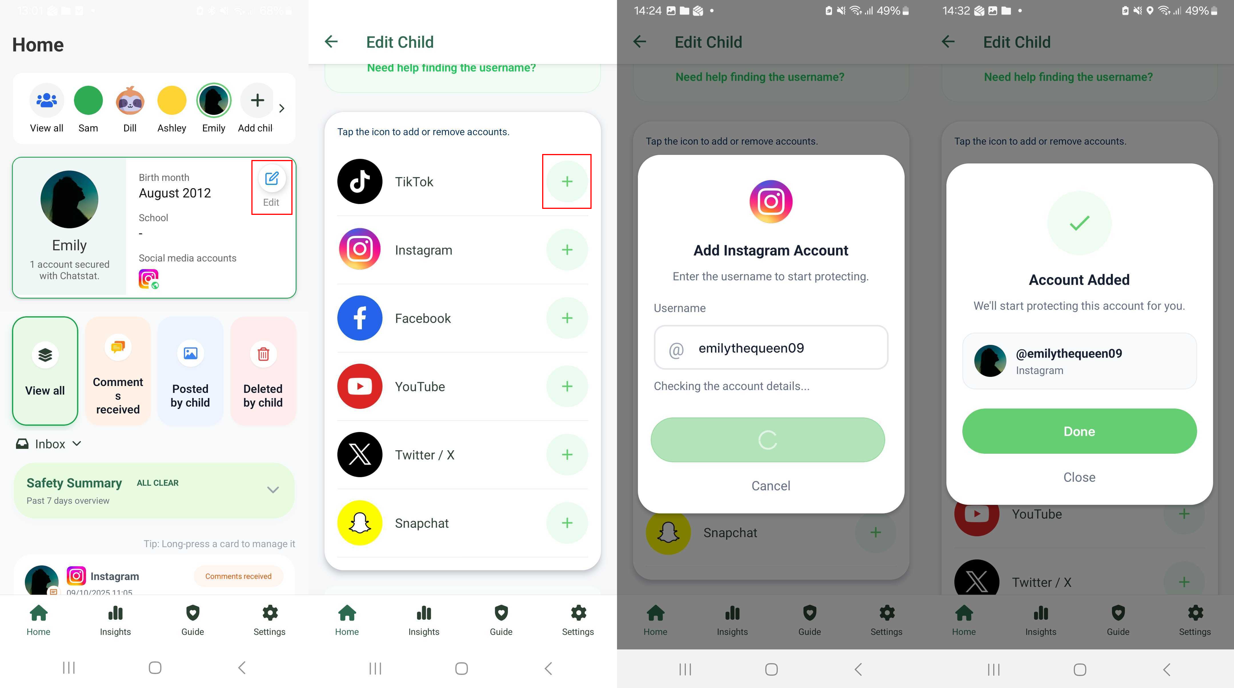 Four Chatstat app screens showing how to edit a child profile, select a social platform, enter an Instagram username, and confirm the account was added.